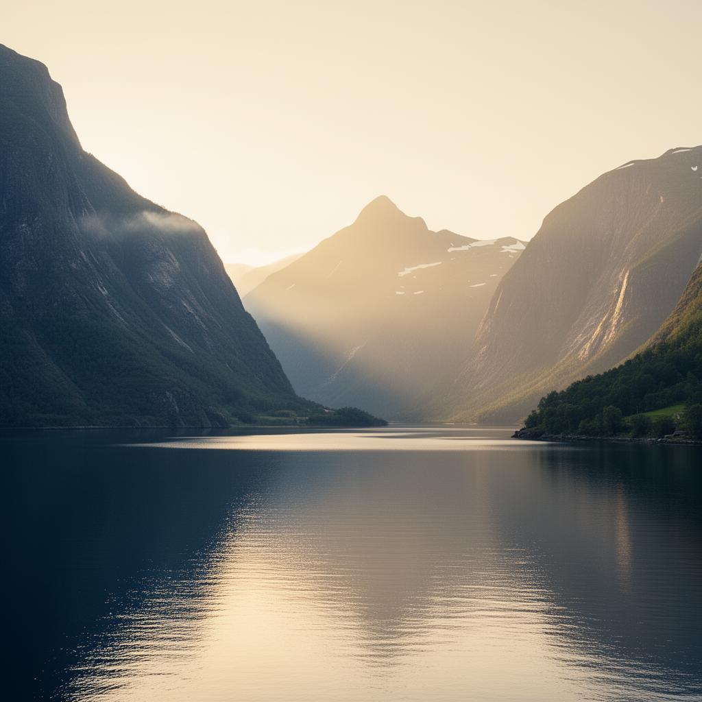 Norweski fjord o zachodzie słońca